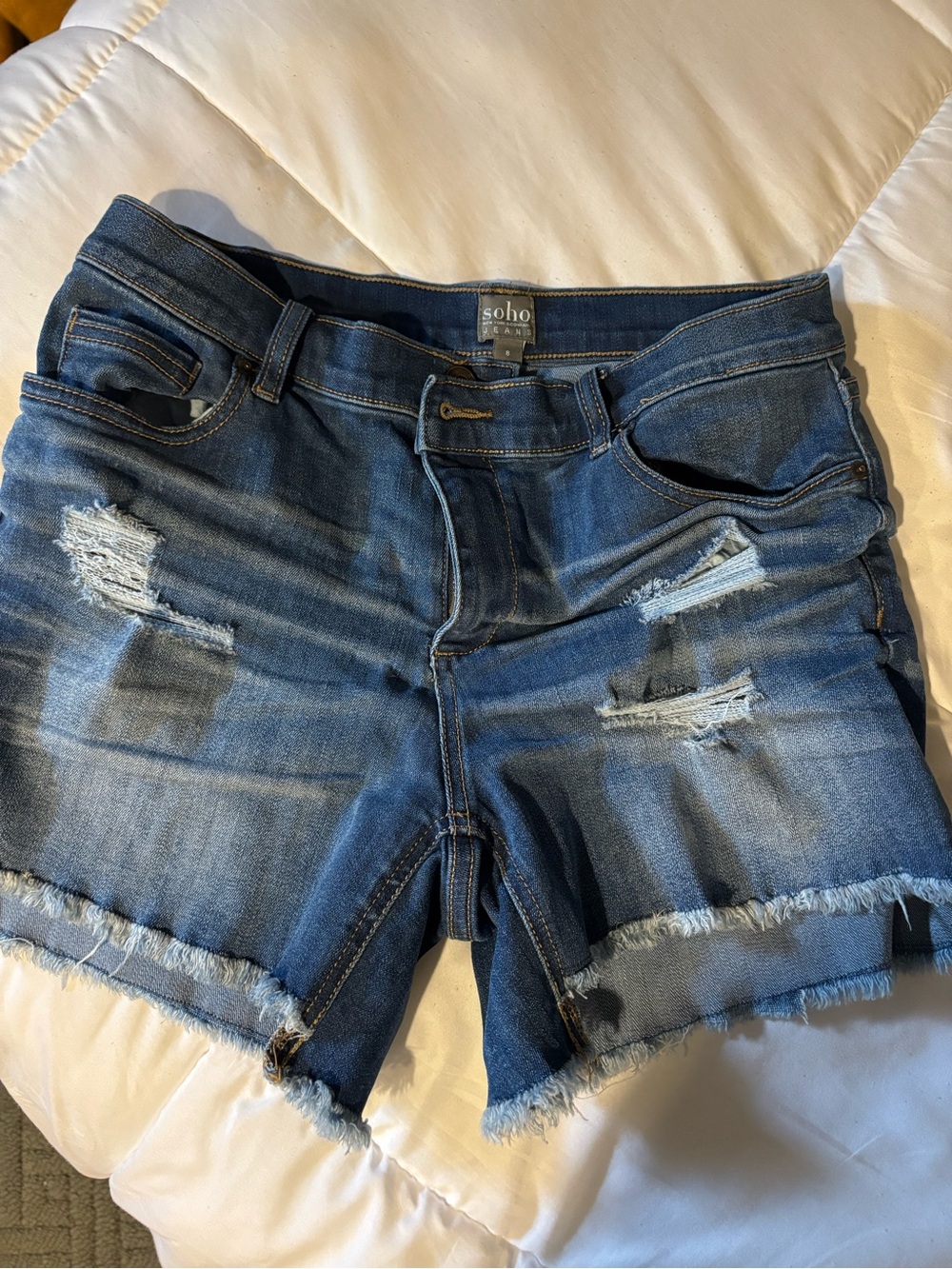 Soho Distressed Dark Blue Jean Shorts with Frayed Hem